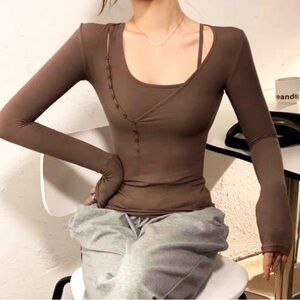 Brown Long Sleeve Henley Top